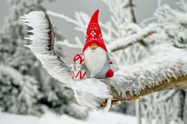 deda mraz sedi sa poklonom na drvetu